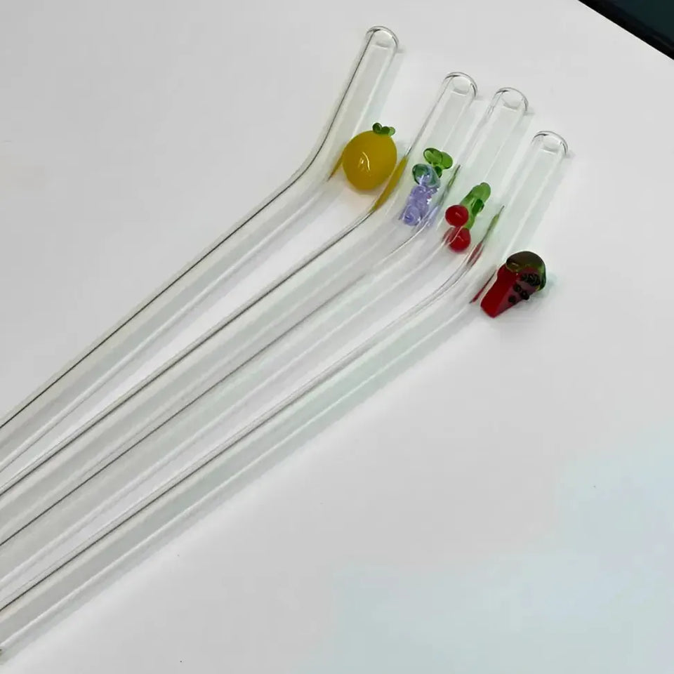 Conjunto 4 Canudos Vidro Reutilizáveis Mix de Frutas com Escova para Limpeza Linha Sintonia