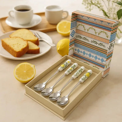 Conjunto 4 Colheres Sobremesa Limone Aço Inox Com Cabo Porcelana Tuut
