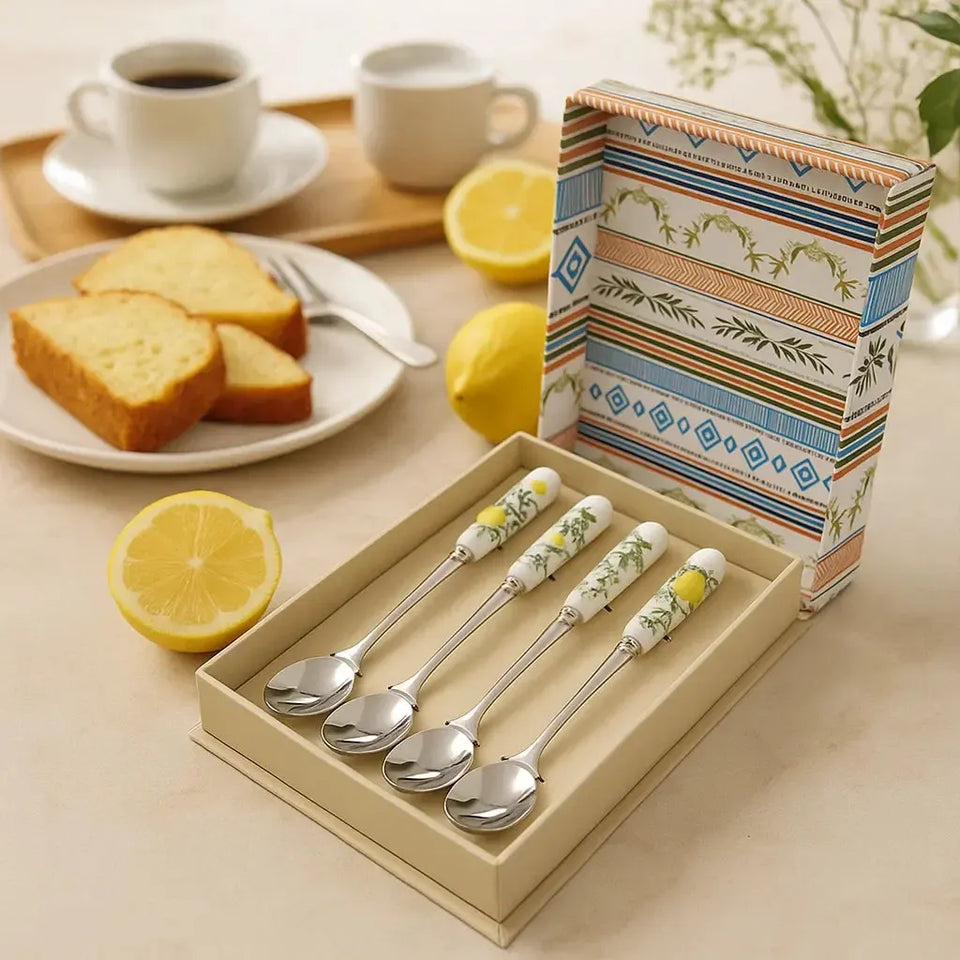 Conjunto 4 Colheres Sobremesa Limone Aço Inox Com Cabo Porcelana Tuut