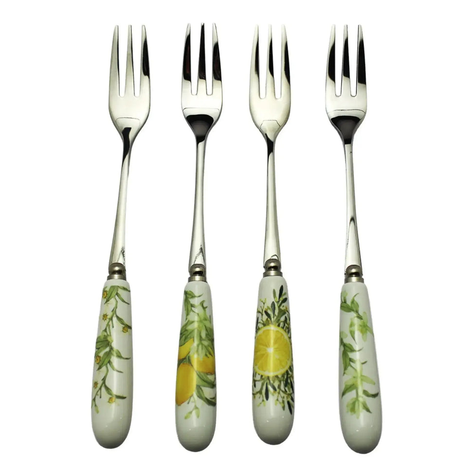 Conjunto 4 Garfos Sobremesa Limone Aço Inox Com Cabo Porcelana Tuut