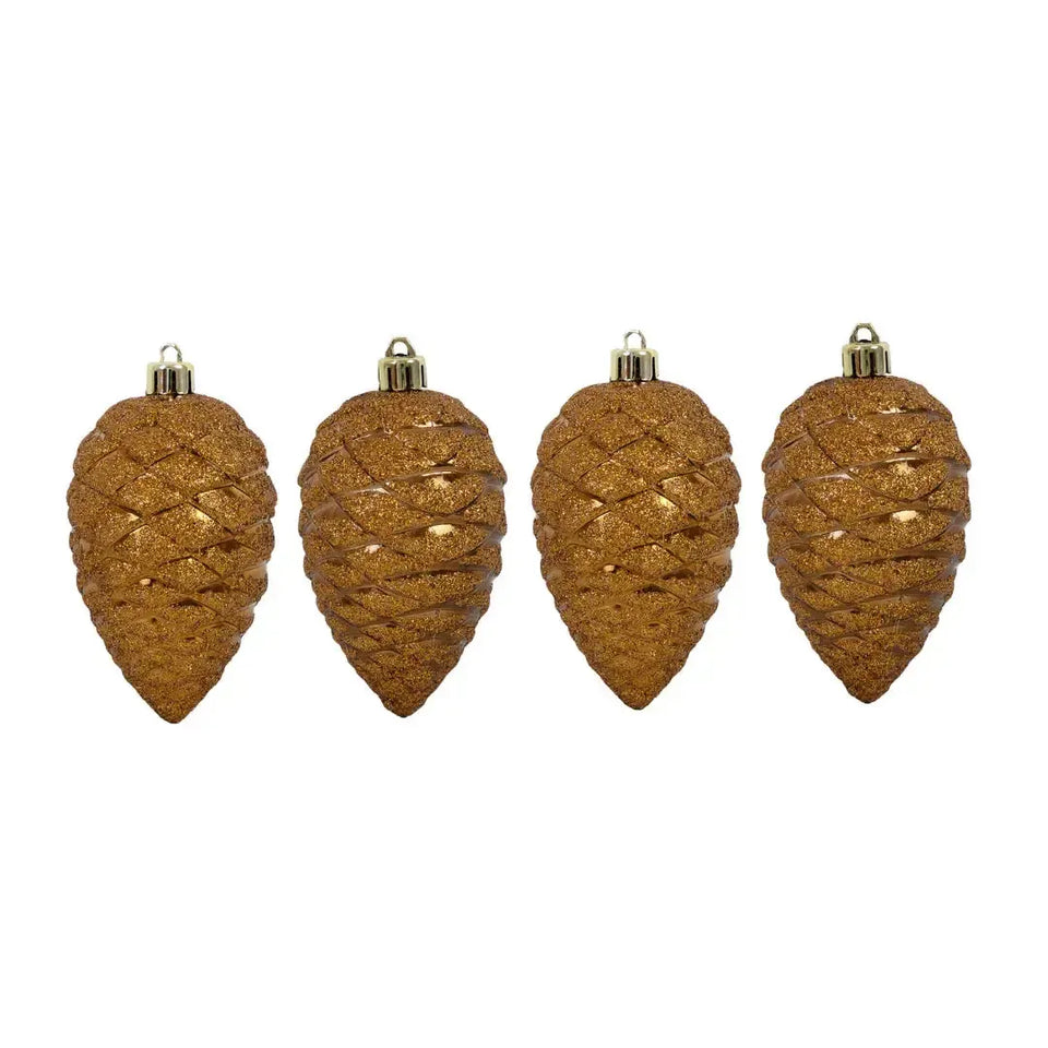 Conjunto 4 Peças Enfeite Pinha para Pendurar Dourada Natal 10x5,5x22cm
