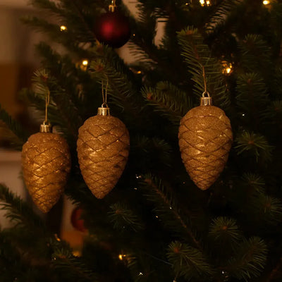 Conjunto 4 Peças Enfeite Pinha para Pendurar Dourada Natal 10x5,5x22cm