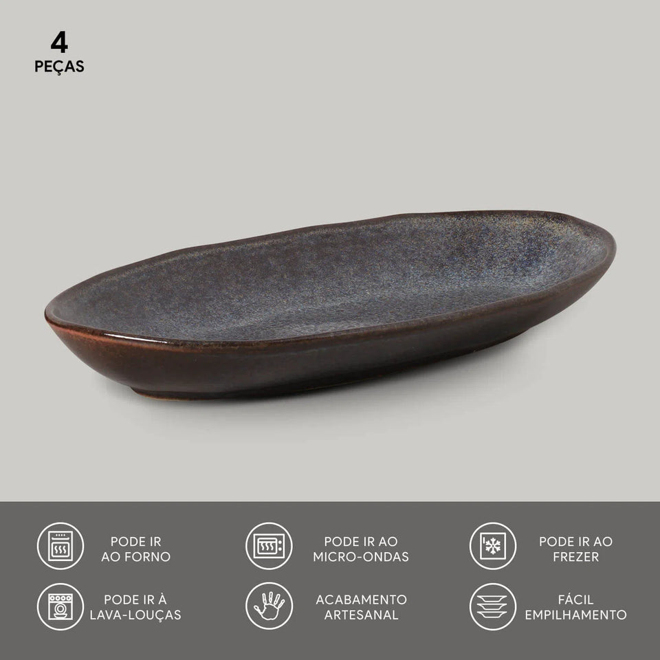 Conjunto 4 Travessas Oval Funda Grande Stoneware Orgânico Titanium 32x16cm 650ml Porto Brasil