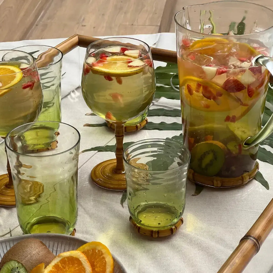 Conjunto 6 Copos Baixos Acrilico Verde com base Detalhe Formato Bambu 420ml