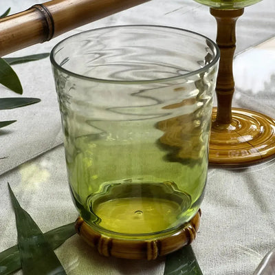 Conjunto 6 Copos Baixos Acrilico Verde com base Detalhe Formato Bambu 420ml