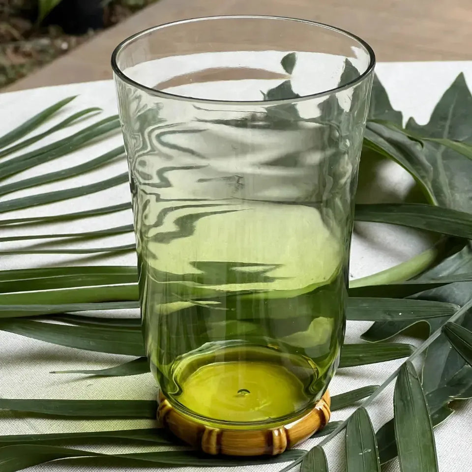 Conjunto 6 Copos Longos Acrilico Verde com base Detalhe Formato Bambu 650ml