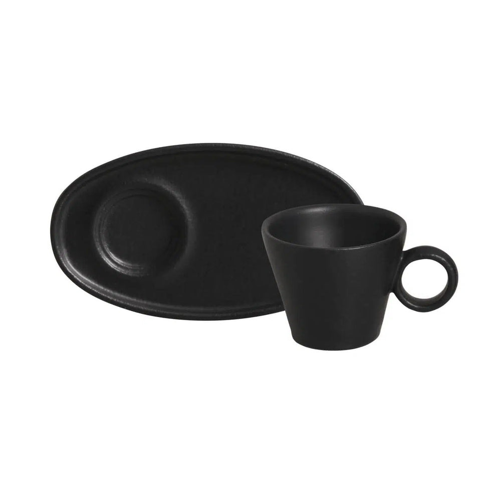 Conjunto 6 Xícaras Café com Pires Oval Neo Stoneware Orgânico Preto Matte 110ml Porto Brasil