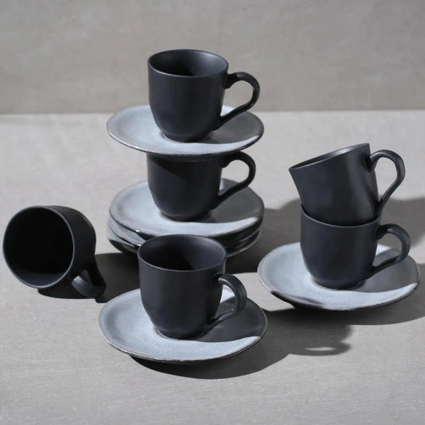 Conjunto 6 Xícaras de Café com 6 Pires Stoneware Orgânico Concreto 120ml Porto Brasil