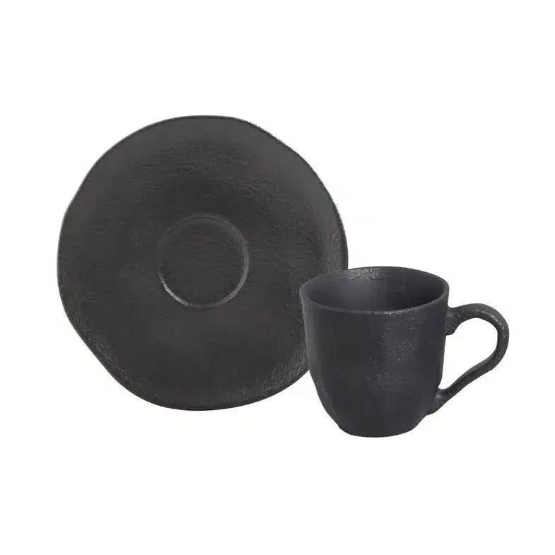 Conjunto 6 Xícaras de Café com Pires Stoneware Orgânico Preto Matte 120ml Porto Brasil