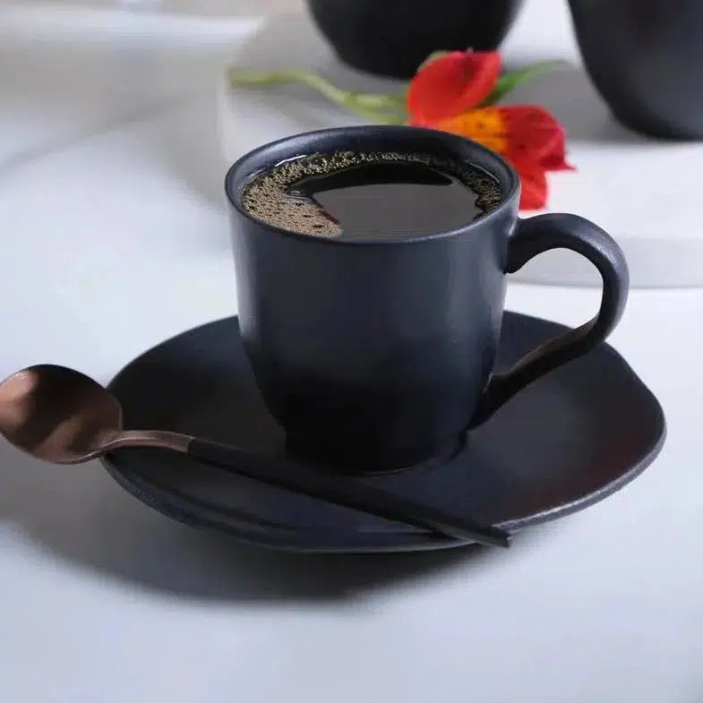 Conjunto 6 Xícaras de Café com Pires Stoneware Orgânico Preto Matte 120ml Porto Brasil