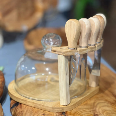 Conjunto 7 Peças para Queijo Bambu com Tampa de Vidro Home&Co