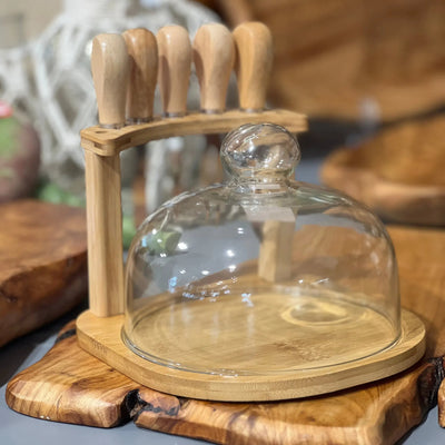 Conjunto 7 Peças para Queijo Bambu com Tampa de Vidro Home&Co