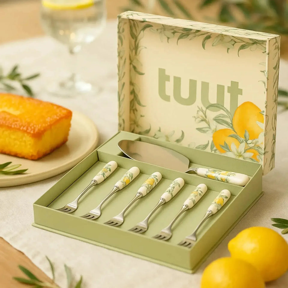 Conjunto 7 peças para Bolo Limone Aço Inox Com Cabo Porcelana Tuut