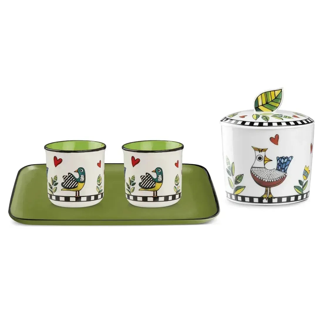 Conjunto Bandeja + 2 Copos Espresso 90Ml + Açucareiro Porcelana