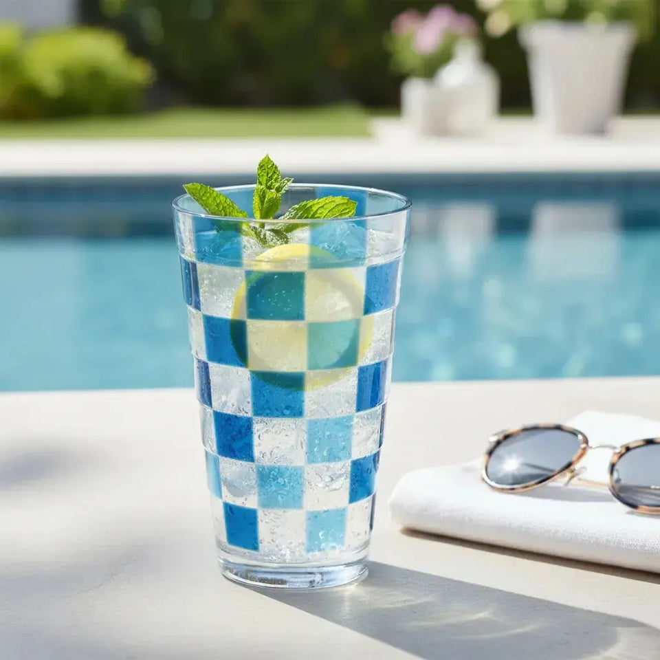 Copo Longo Acrílico Detalhe Xadrez Azul 600ml