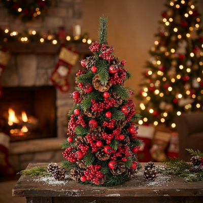 Mini Árvore Decorada Natal Pinha e Cereja 23x23x55cm