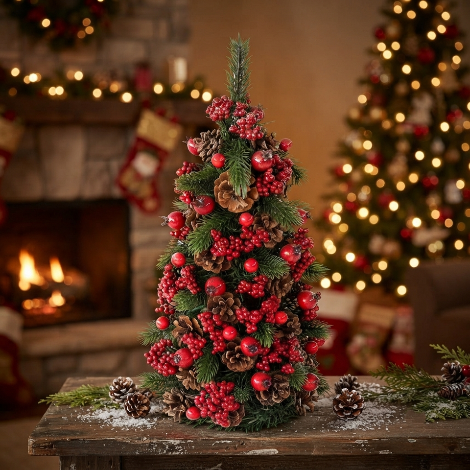 Mini Árvore Decorada Natal Pinha e Cereja 23x23x55cm