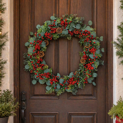 Guirlanda Decorativa Natal Barries e Eucalipto Vermelha / Verde 70cm