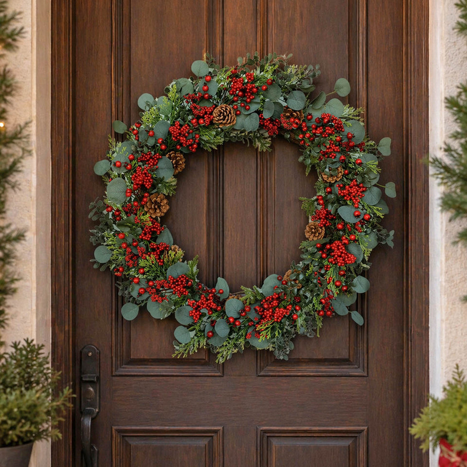 Guirlanda Decorativa Natal Barries e Eucalipto Vermelha / Verde 70cm