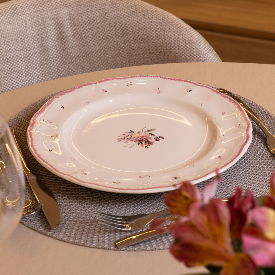 Conjunto 4 Pratos Rasos Cerâmica Florescer Rosa 27cm