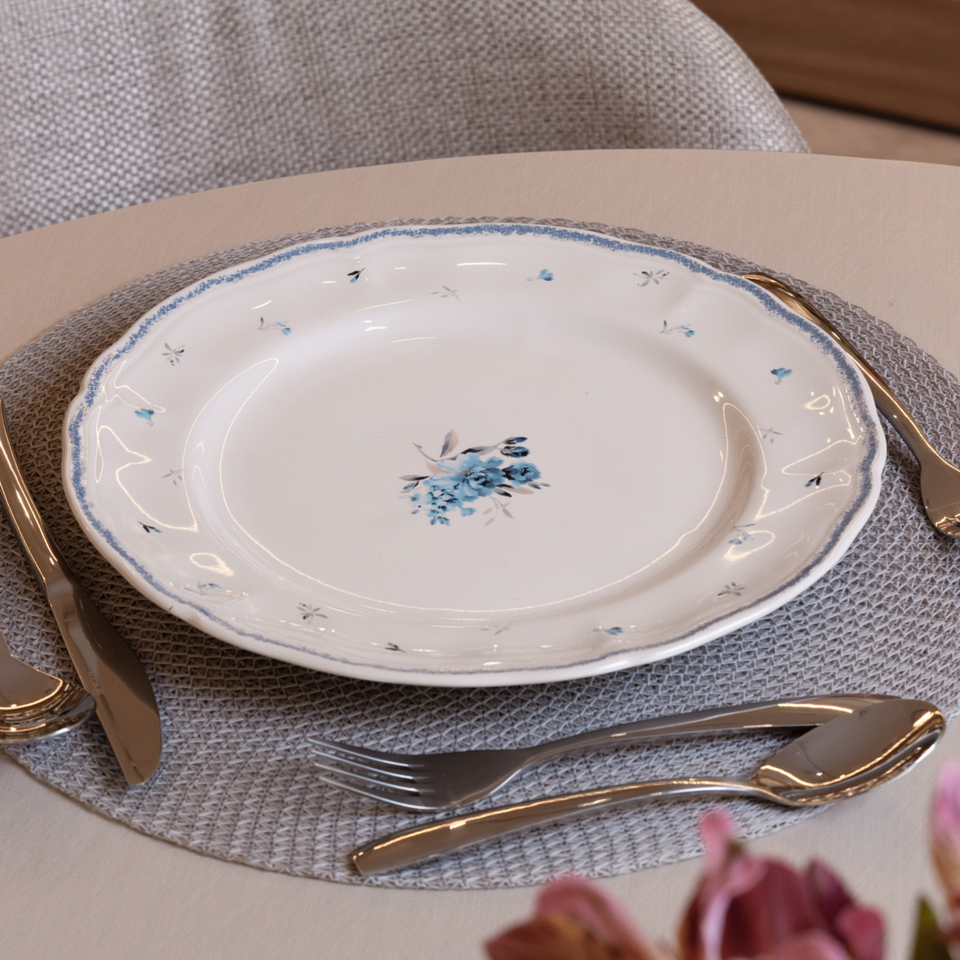 Conjunto 4 Pratos Rasos Cerâmica Florescer Azul 27cm