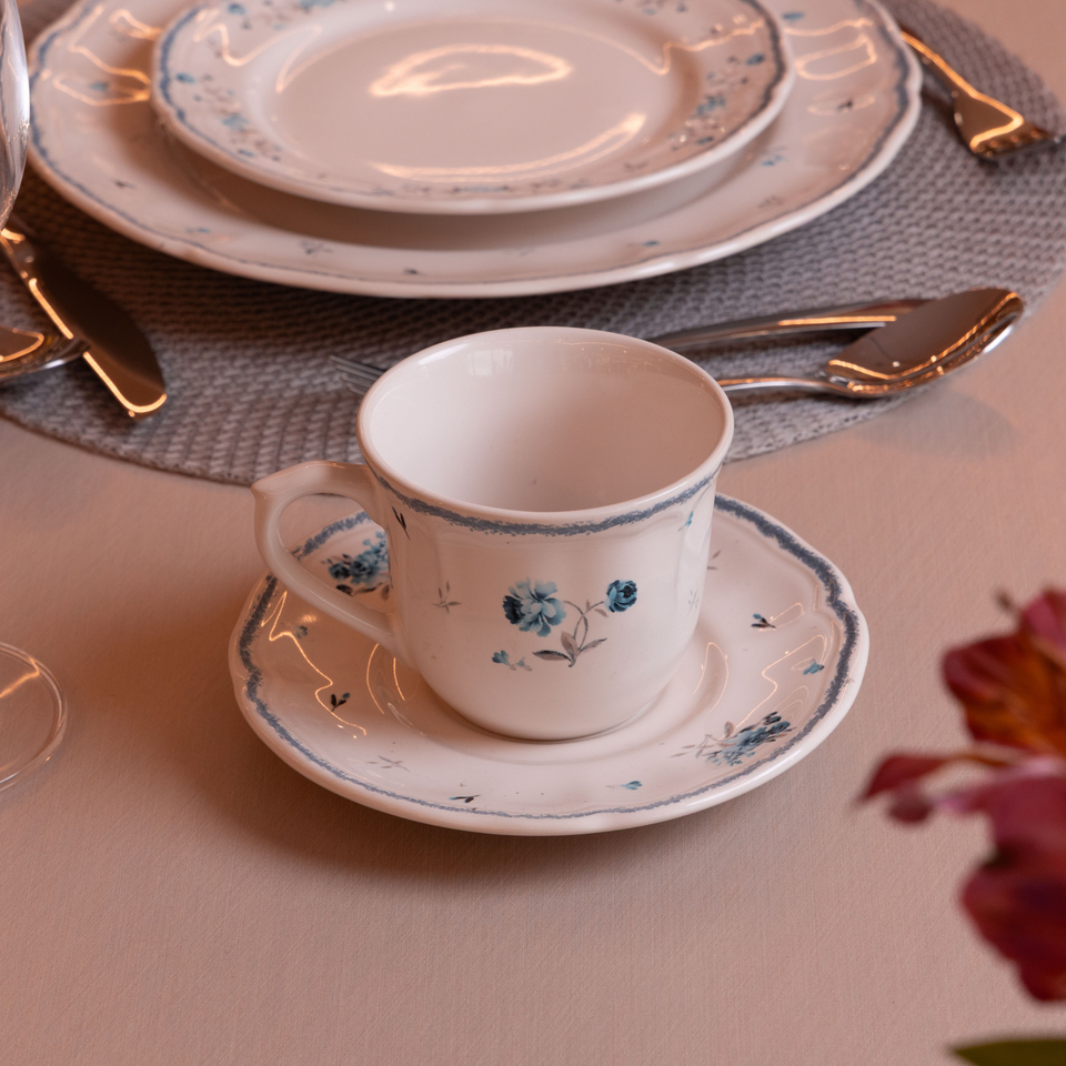 Conjunto 4 Xícaras de Chá com Pires Cerâmica Florescer Azul 200ml