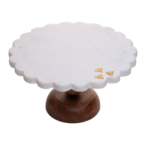 Prato para Bolo Mármore Com Pé Madeira New Bee 28x16,5cm Wolff