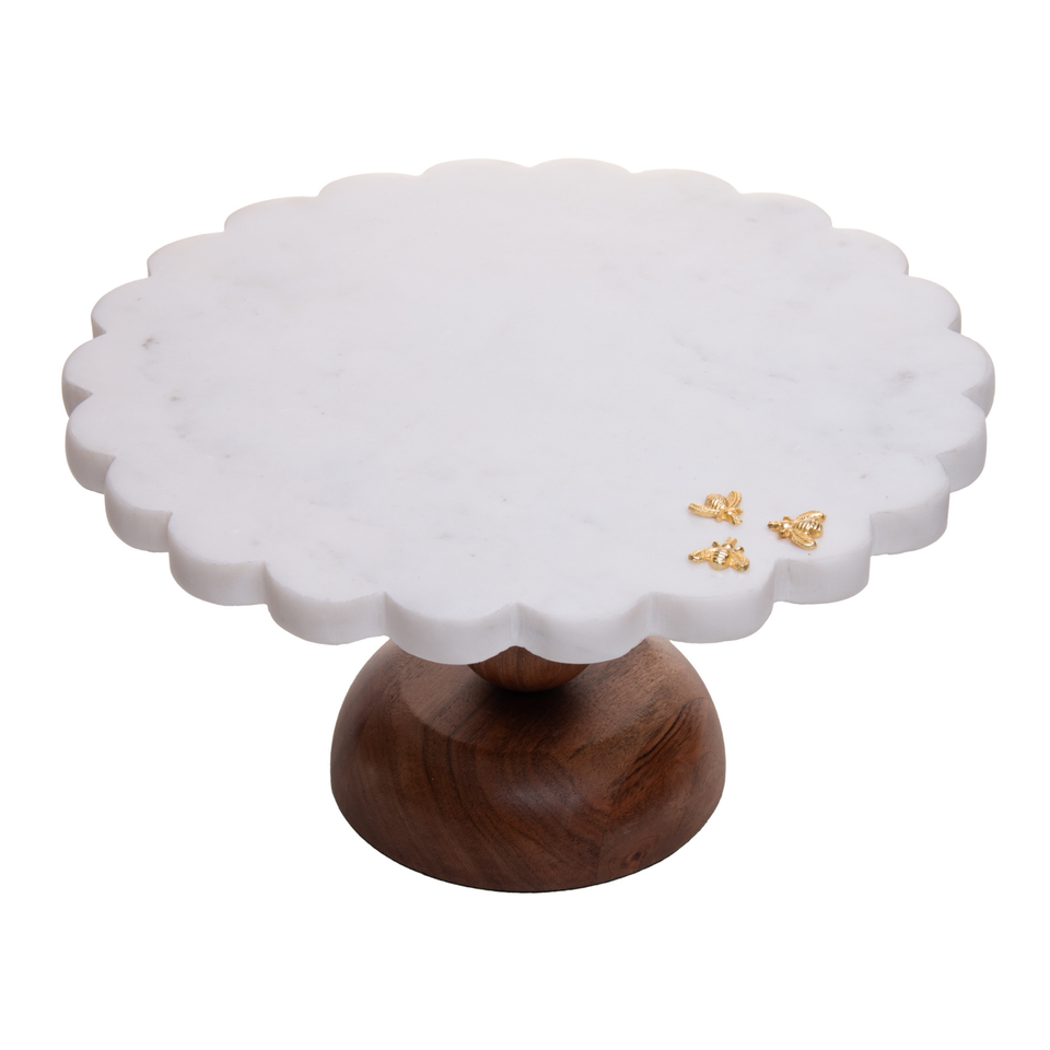 Prato para Bolo Mármore Com Pé Madeira New Bee 28x16,5cm Wolff