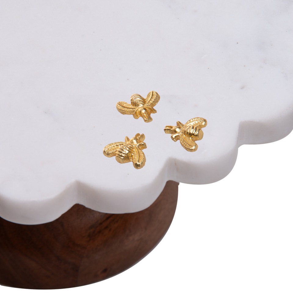 Prato para Bolo Mármore Com Pé Madeira New Bee 28x16,5cm Wolff
