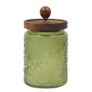 Pote de Vidro Decorado Verde 700ml Tampa Madeira Tuut