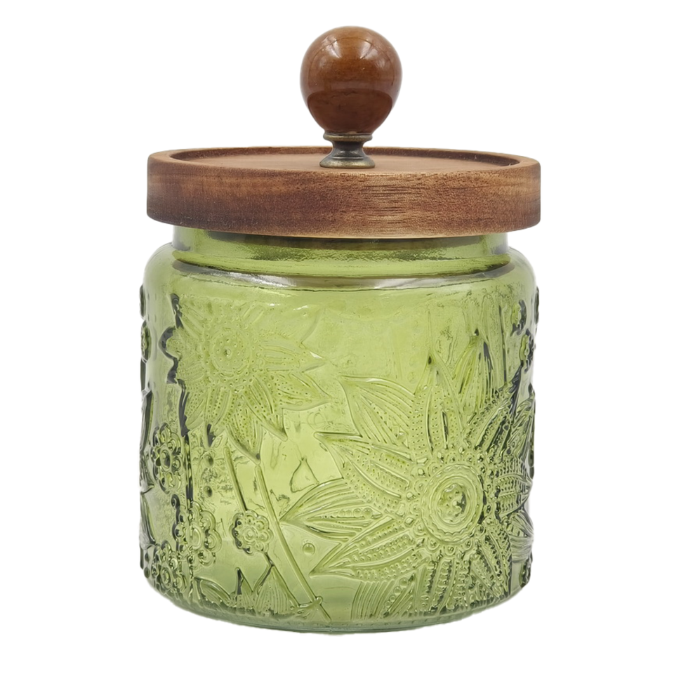 Pote de Vidro Decorado Verde 500ml Tampa Madeira Tuut