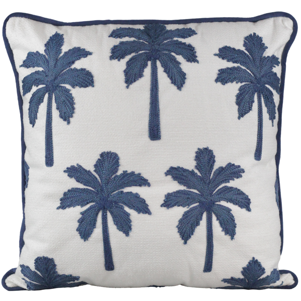 Almofada Linho Cru Bordado Coqueiro Azul 52x52
