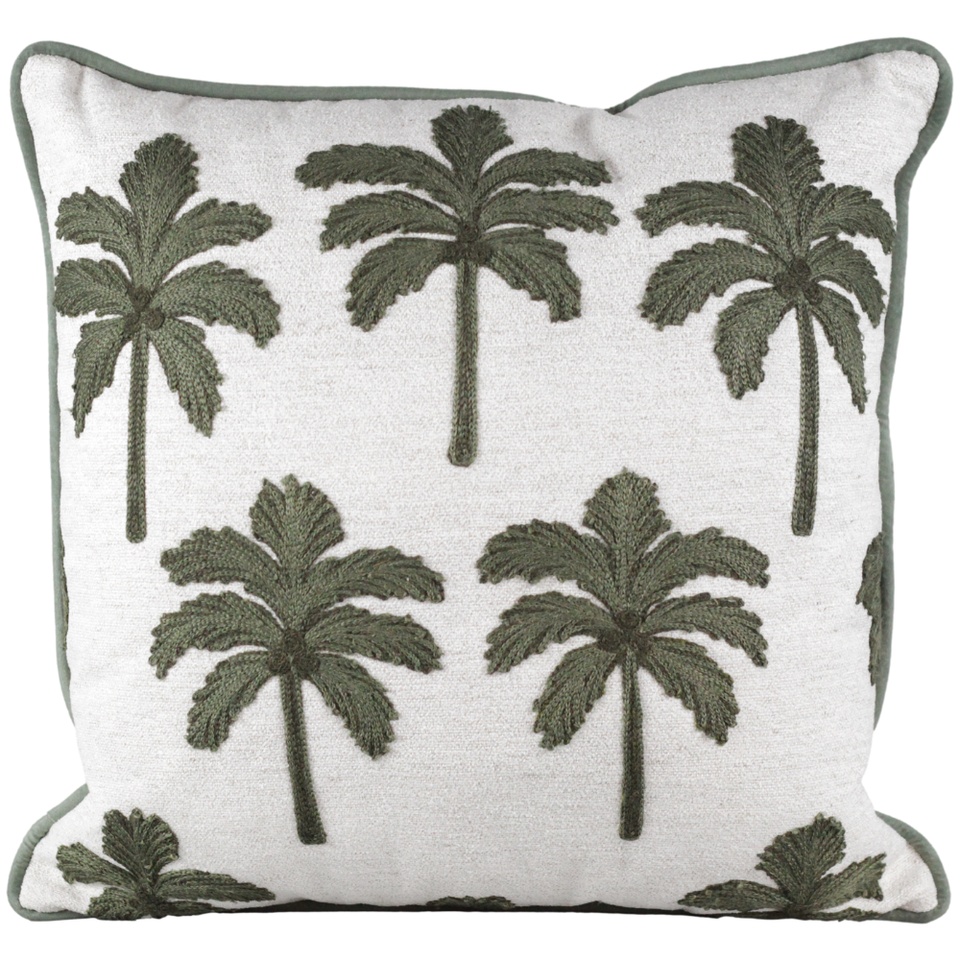 Almofada Linho Cru Bordado Coqueiro Verde 52x52