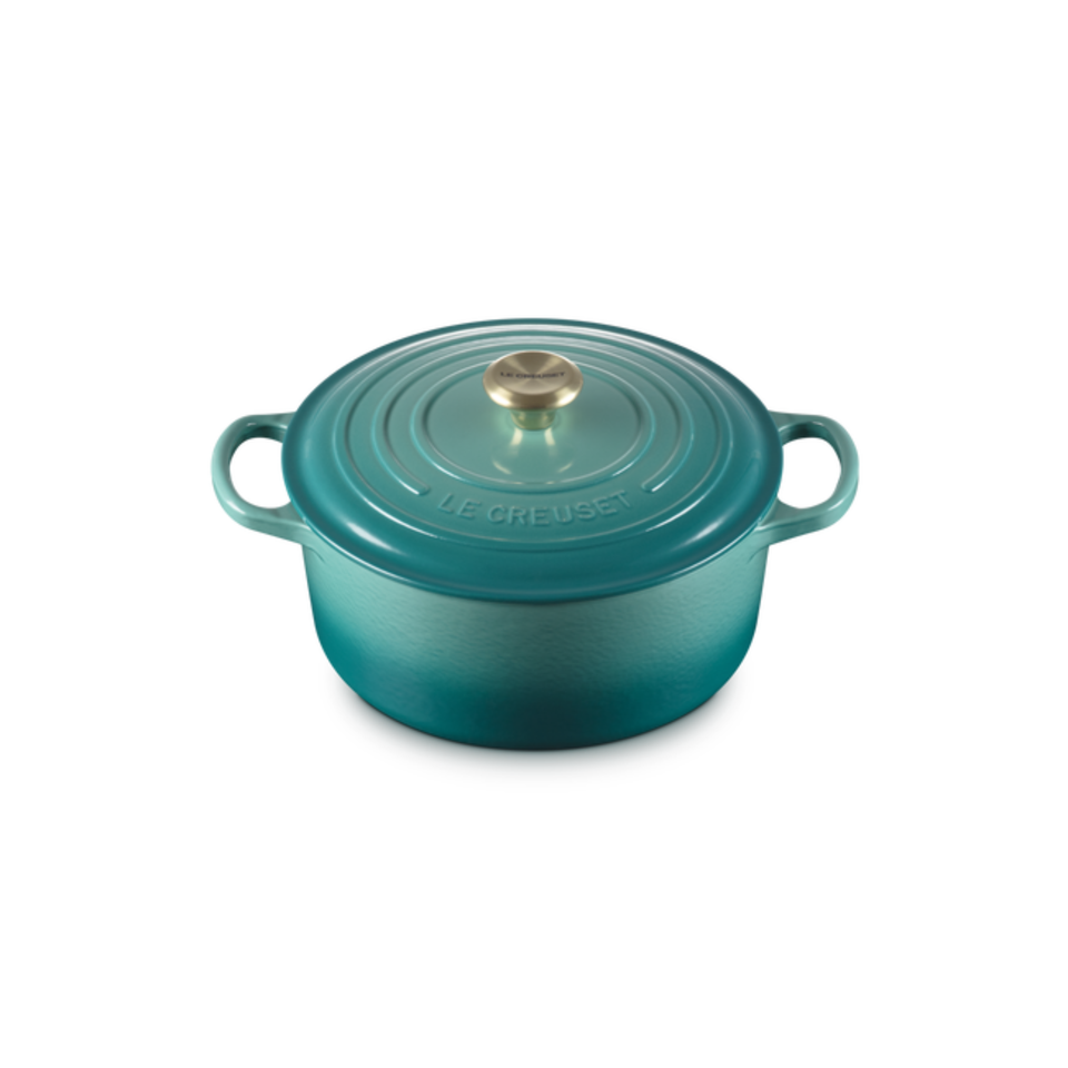 Panela Le Creuset Redonda Signature Bleu Riviera com Pegador Dourado 3,3L 22cm