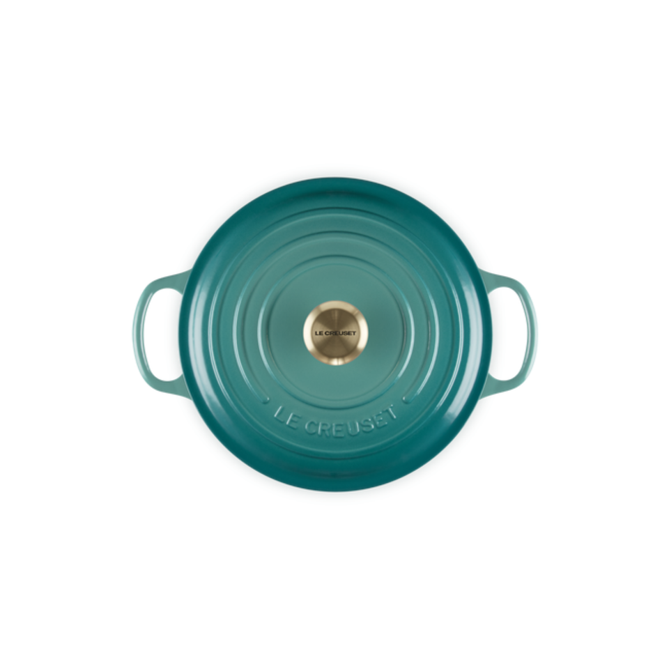 Panela Le Creuset Redonda Signature Bleu Riviera com Pegador Dourado 3,3L 22cm