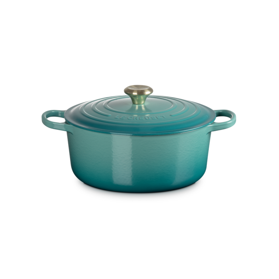 Panela Le Creuset Redonda Signature Bleu Riviera com Pegador Dourado 2,4L 20cm