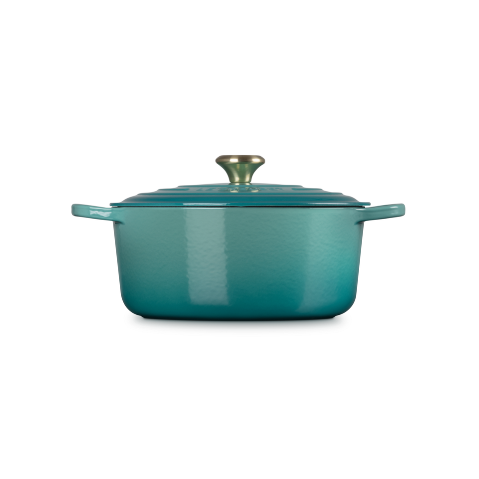 Panela Le Creuset Redonda Signature Bleu Riviera com Pegador Dourado 1,8L 18cm