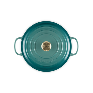 Panela Le Creuset Redonda Signature Bleu Riviera com Pegador Dourado 1,8L 18cm
