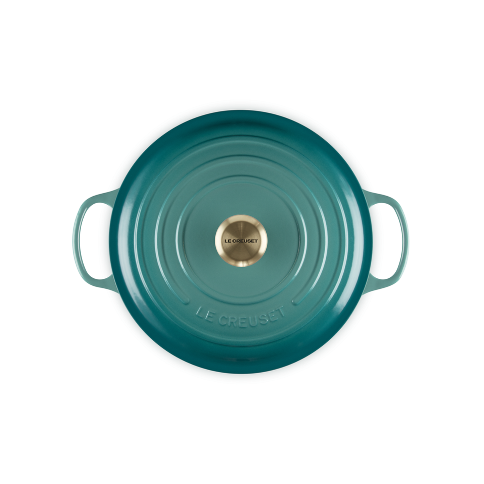 Panela Le Creuset Redonda Signature Bleu Riviera com Pegador Dourado 2,4L 20cm