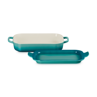 Travessa Retangular Cerâmica Com Tampa / Prato Bleu Riviera 33cm 3L Le Creuset