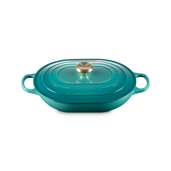 Panela Le Creuset Oblongo Signature Bleu Riviera com Pegador Dourado 3,4L 31cm
