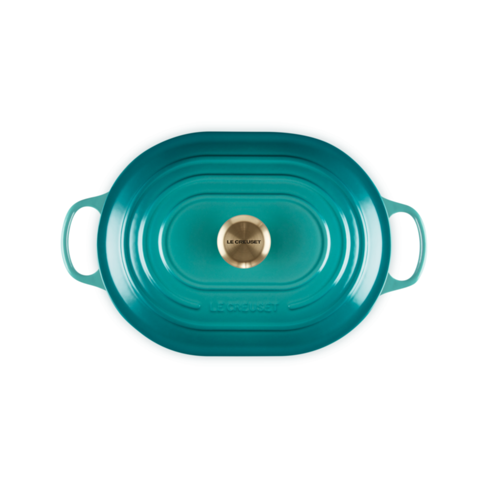 Panela Le Creuset Oblongo Signature Bleu Riviera com Pegador Dourado 3,4L 31cm