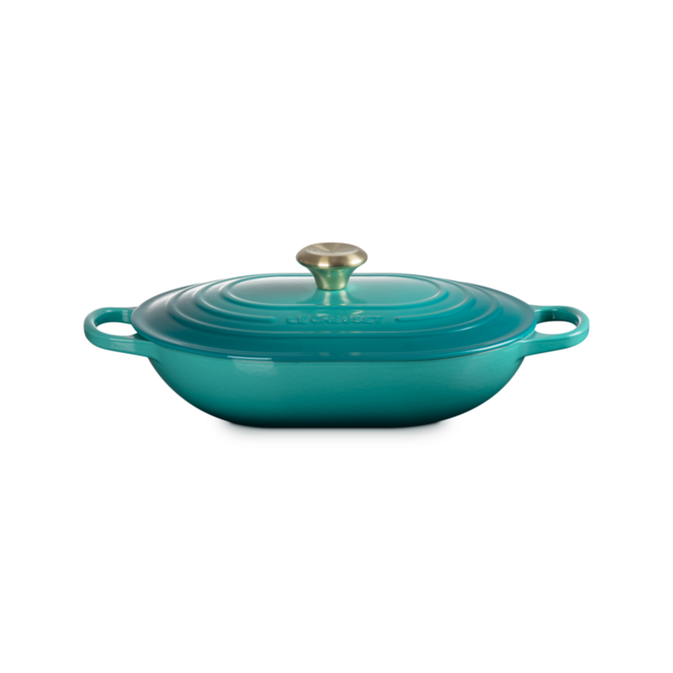 Panela Le Creuset Oblongo Signature Bleu Riviera com Pegador Dourado 3,4L 31cm