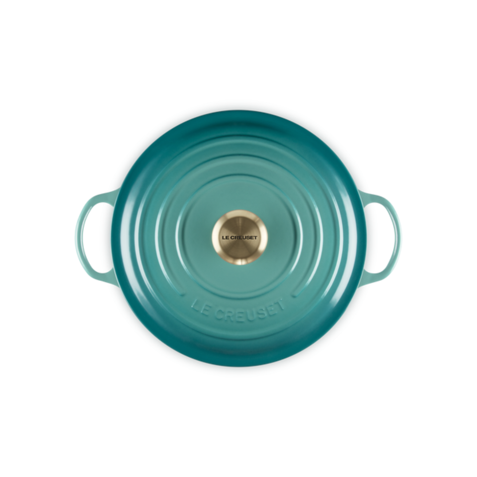 Panela Le Creuset Marmita Signature Bleu Riviera com Pegador Dourado 26cm