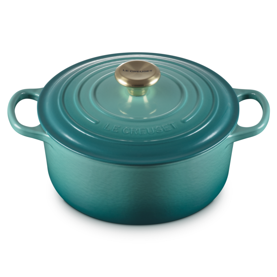 Panela Le Creuset Redonda Signature Bleu Riviera com Pegador Dourado 6,7L 28cm