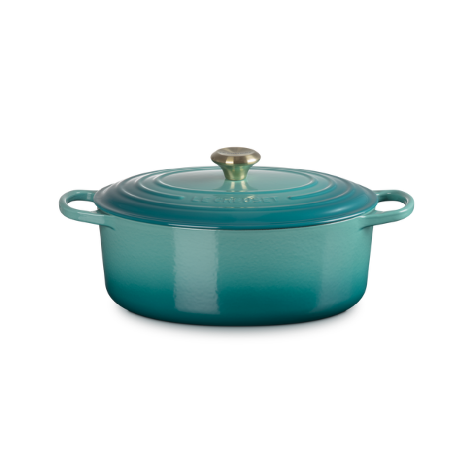 Panela Le Creuset Oval Signature Bleu Riviera com Pegador Dourado 6,3L 31cm