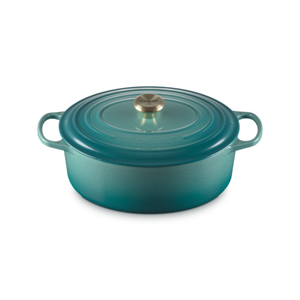 Panela Le Creuset Oval Signature Bleu Riviera com Pegador Dourado 6,3L 31cm