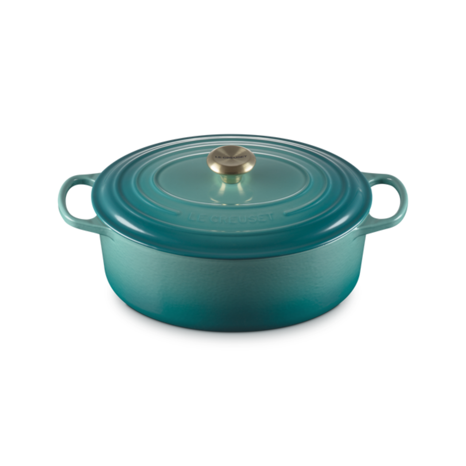 Panela Le Creuset Oval Signature Bleu Riviera com Pegador Dourado 6,3L 31cm