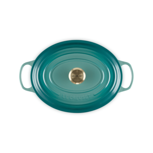 Panela Le Creuset Oval Signature Bleu Riviera com Pegador Dourado 6,3L 31cm
