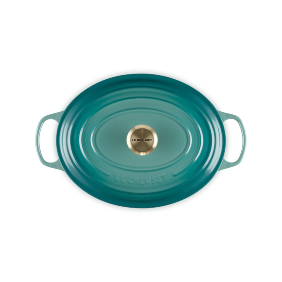 Panela Le Creuset Oval Signature Bleu Riviera com Pegador Dourado 6,3L 31cm